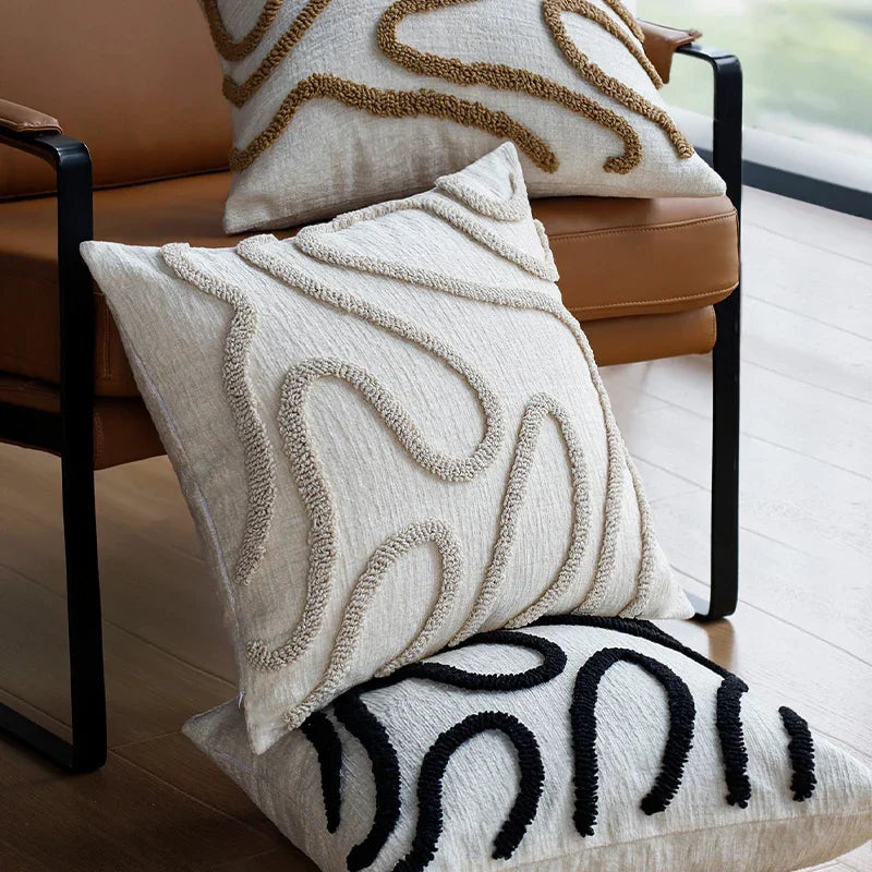 Boho Chenille Cushion with Soft Geometric Lines for Sofa and Living Room
