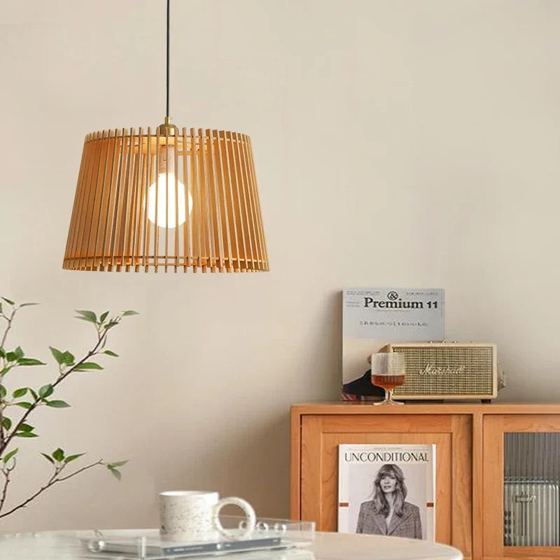 Modern Japanese Birdcage Pendant Lamp – Wooden Bucket Chandelier for Living Room, Bedroom, and Bar Décor