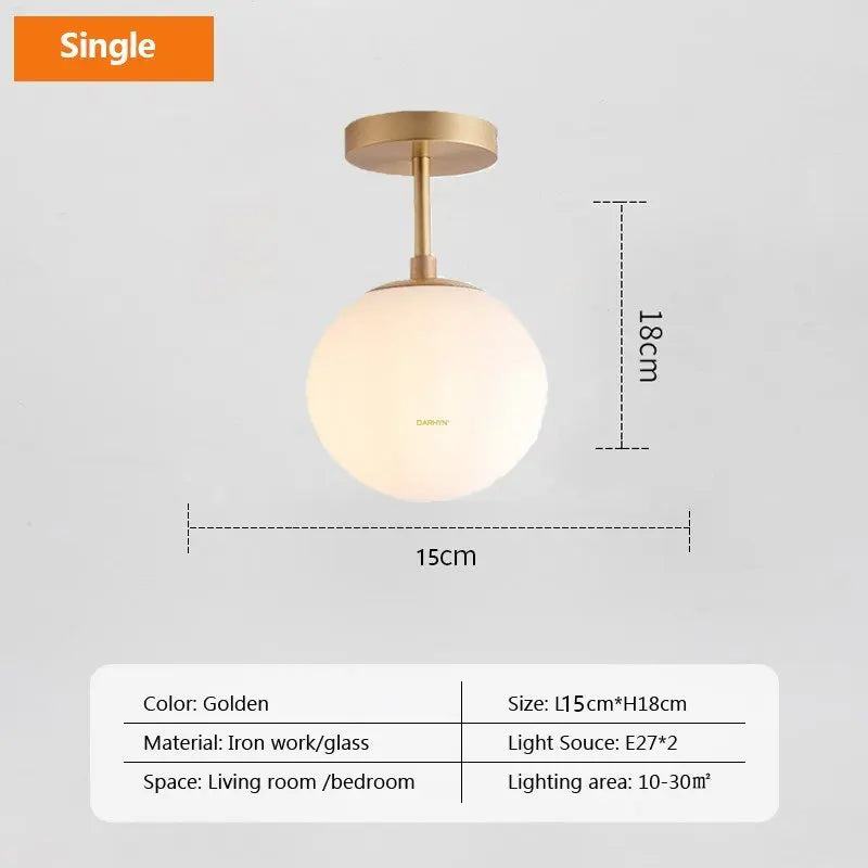 Modern Nordic LED Ceiling Light – Gold Iron and Glass Lamp for Corridor, Aisle, Cloakroom, Balcony, and Bedroom
