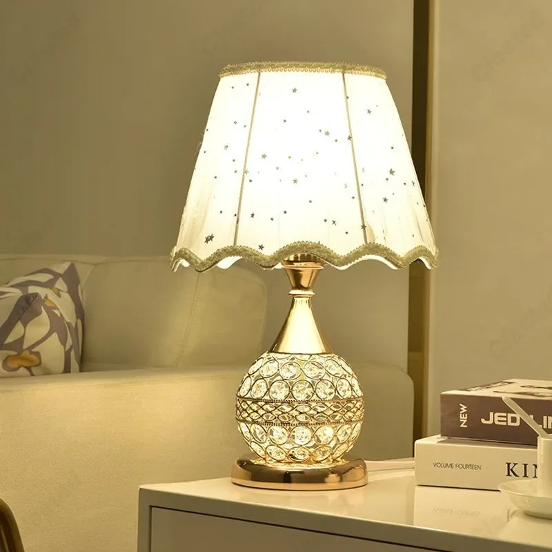 Luxury European Style LED Table Lamp with Fabric Lampshade & Crystal Base – Warm Romantic Bedroom Bedside Light