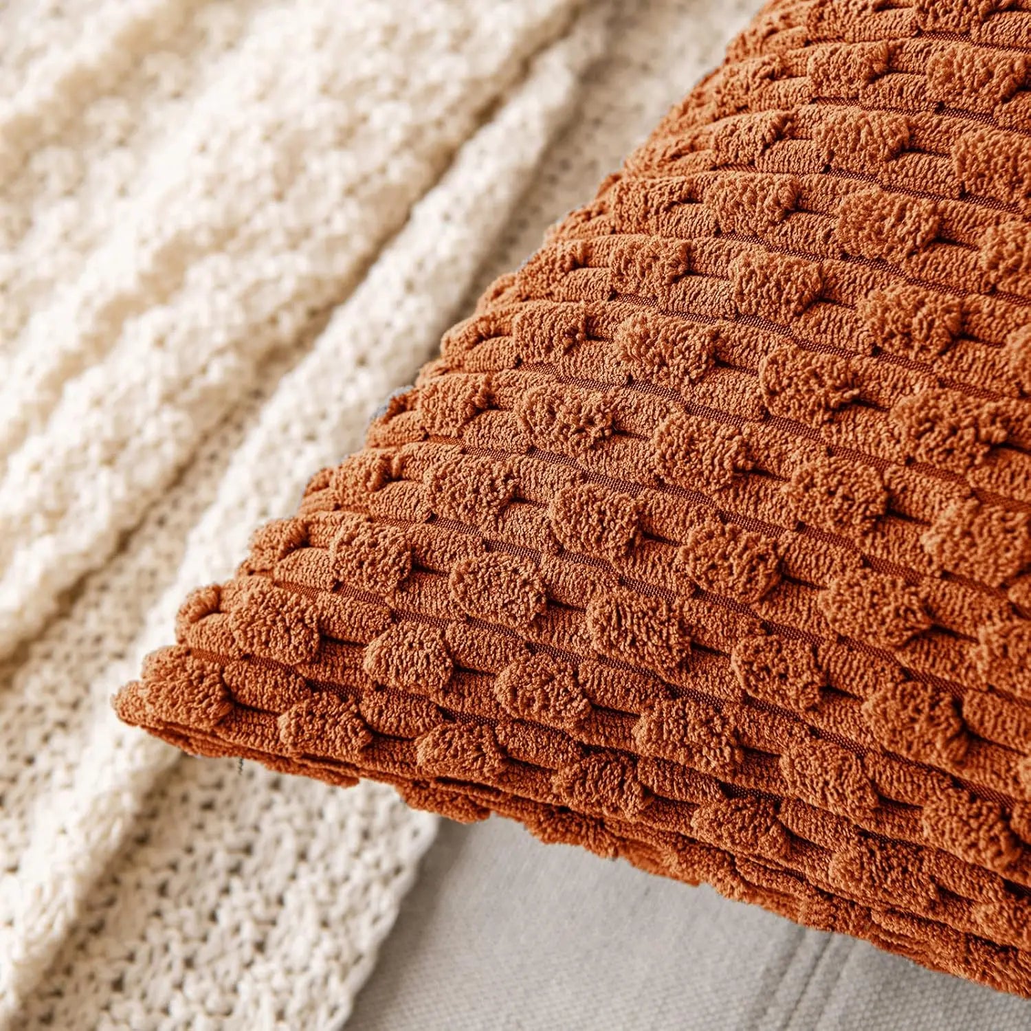 Soft Ribbed Velvet Decorative Pillow with Stripes in Boho Style for Sofa and Bed