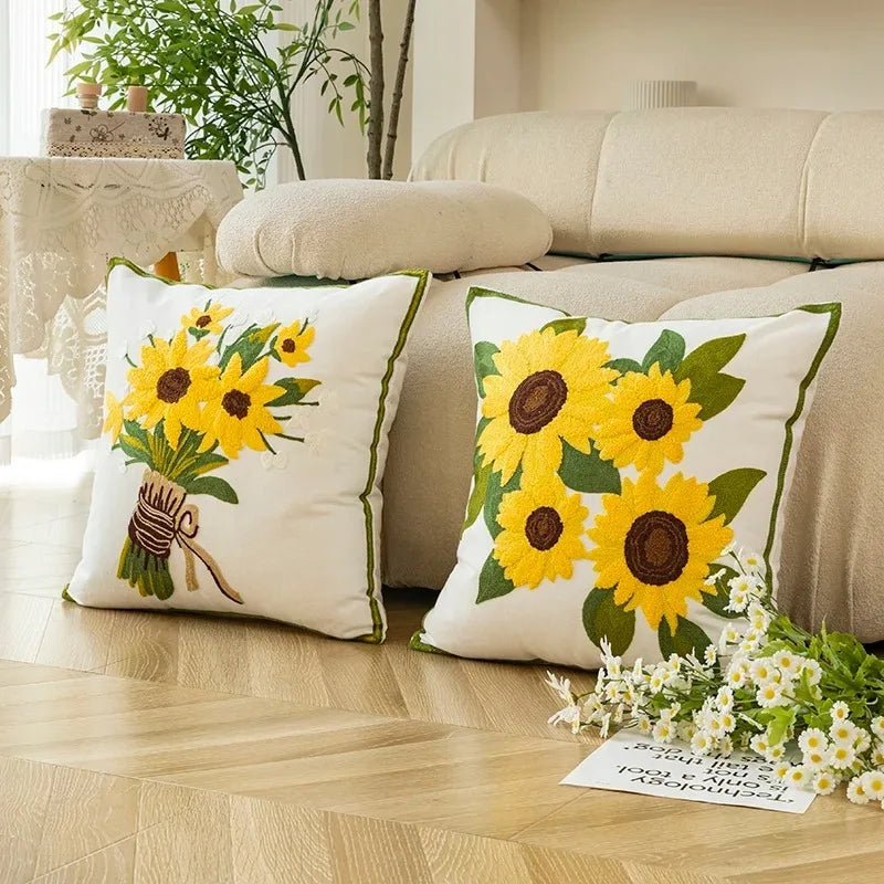 Cotton Embroidered Decorative Pillow 45x45 cm with Sunflower Pattern