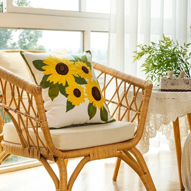 Cotton Embroidered Decorative Pillow 45x45 cm with Sunflower Pattern