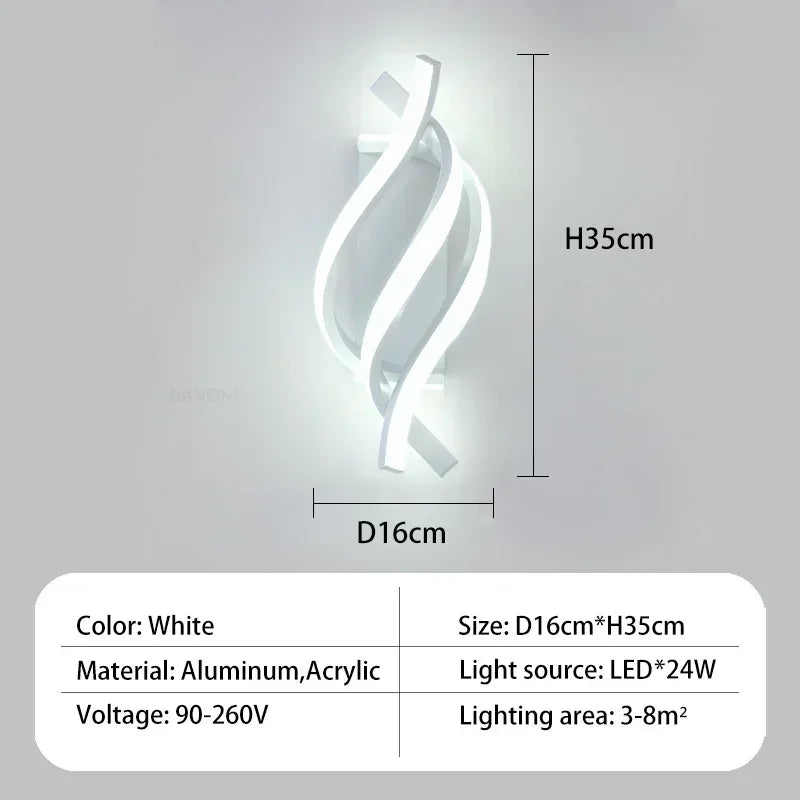 Modern LED Wall Light – Curved Spiral Design, Up & Down Wall Sconce for Living Room, Bedroom, Kitchen, and Bathroom, Black, Gold & White