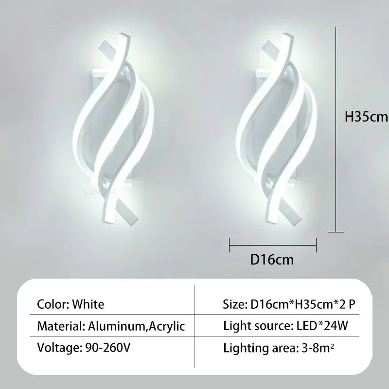 Modern LED Wall Light – Curved Spiral Design, Up & Down Wall Sconce for Living Room, Bedroom, Kitchen, and Bathroom, Black, Gold & White
