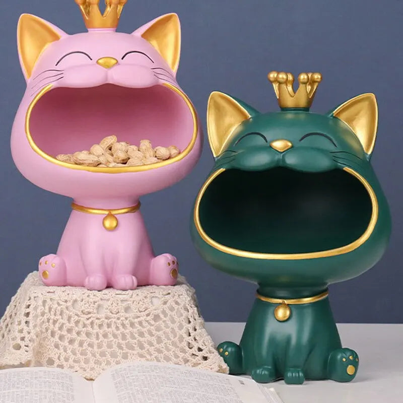 Fortune Crown Big Mouth Cat Entrance Key Holder Decorative Ornament, Light Luxury Housewarming Gift Sculpture