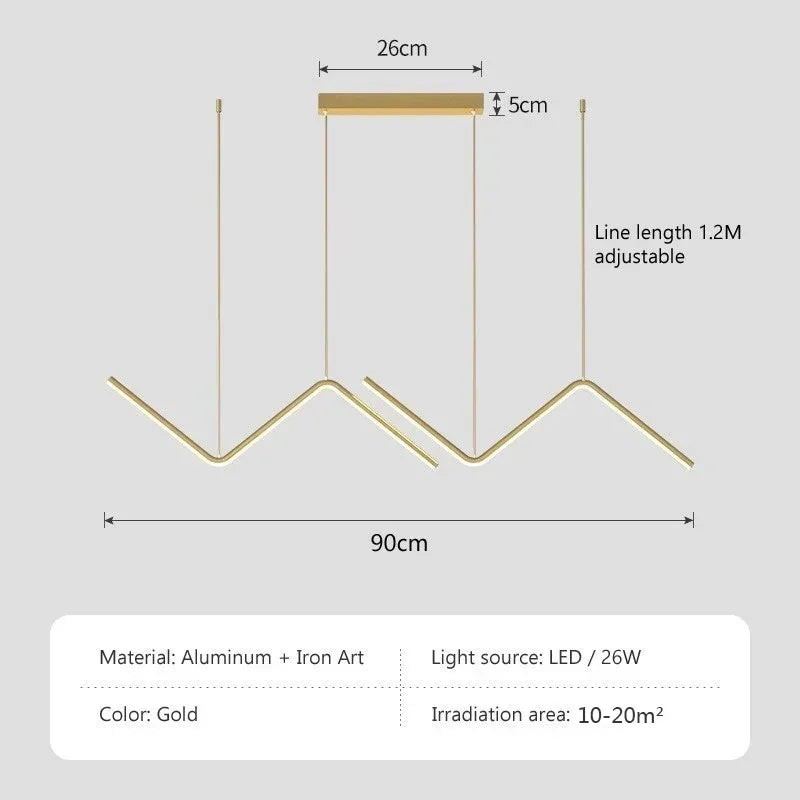 Modern LED Pendant Light – Nordic Gold Chandelier for Kitchen, Dining Room, and Restaurant, Z-Shape Design with Remote Control