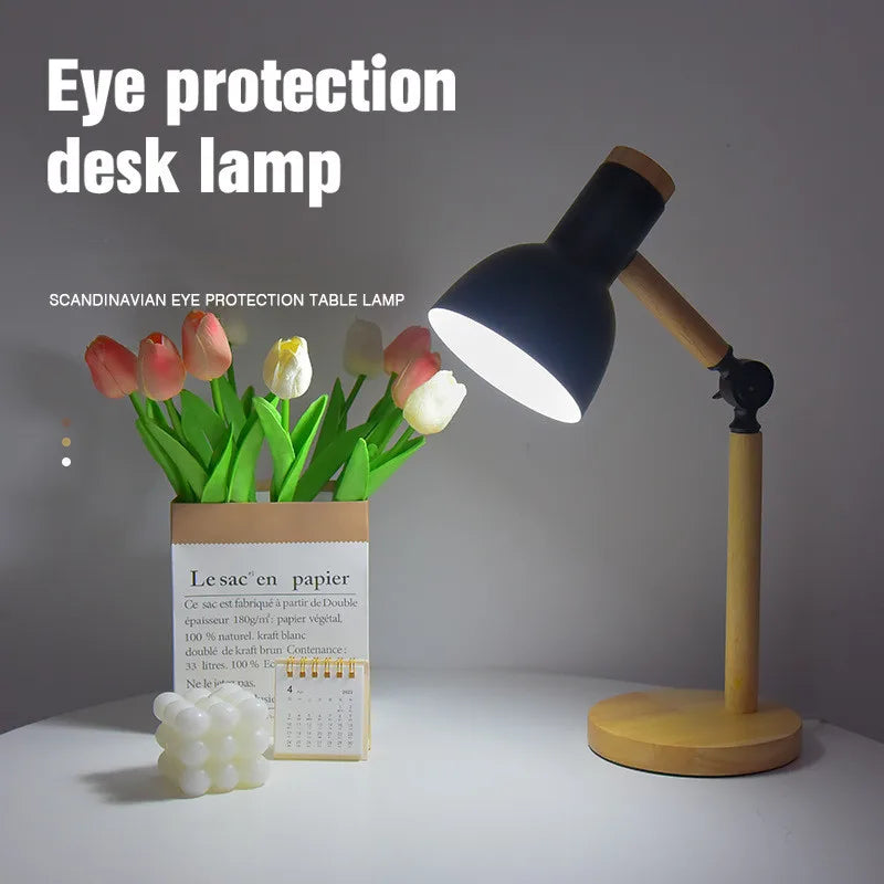Creative Nordic Wooden Art LED Table Lamp – Adjustable Head & Eye Protection