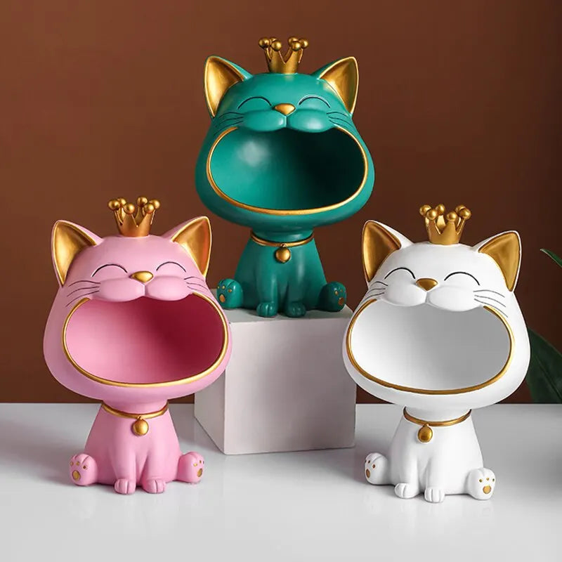 Fortune Crown Big Mouth Cat Entrance Key Holder Decorative Ornament, Light Luxury Housewarming Gift Sculpture