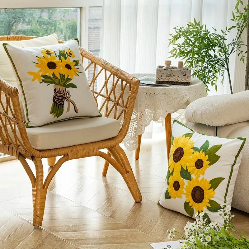 Cotton Embroidered Decorative Pillow 45x45 cm with Sunflower Pattern