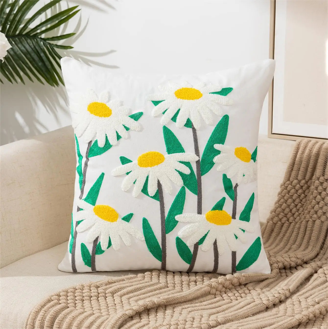 Simple Floral Colorful Nordic Cushion Covers 45x45cm Knitted Jacquard Linen Pillow Slips For Living Room Sofa Throw Cushions Contemporary Scandinavian Home Decor | Vinantica