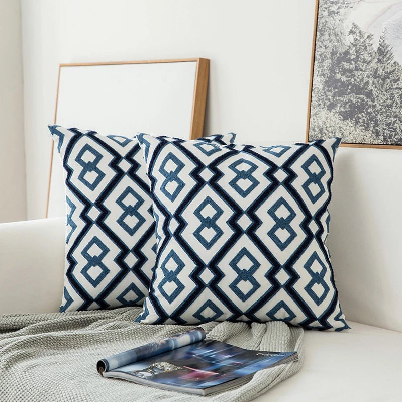 Blue Embroidered Decorative Pillow with Ornament Pattern
