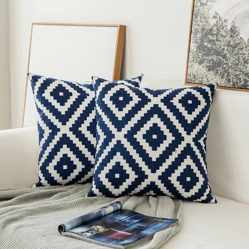 Blue Embroidered Decorative Pillow with Ornament Pattern