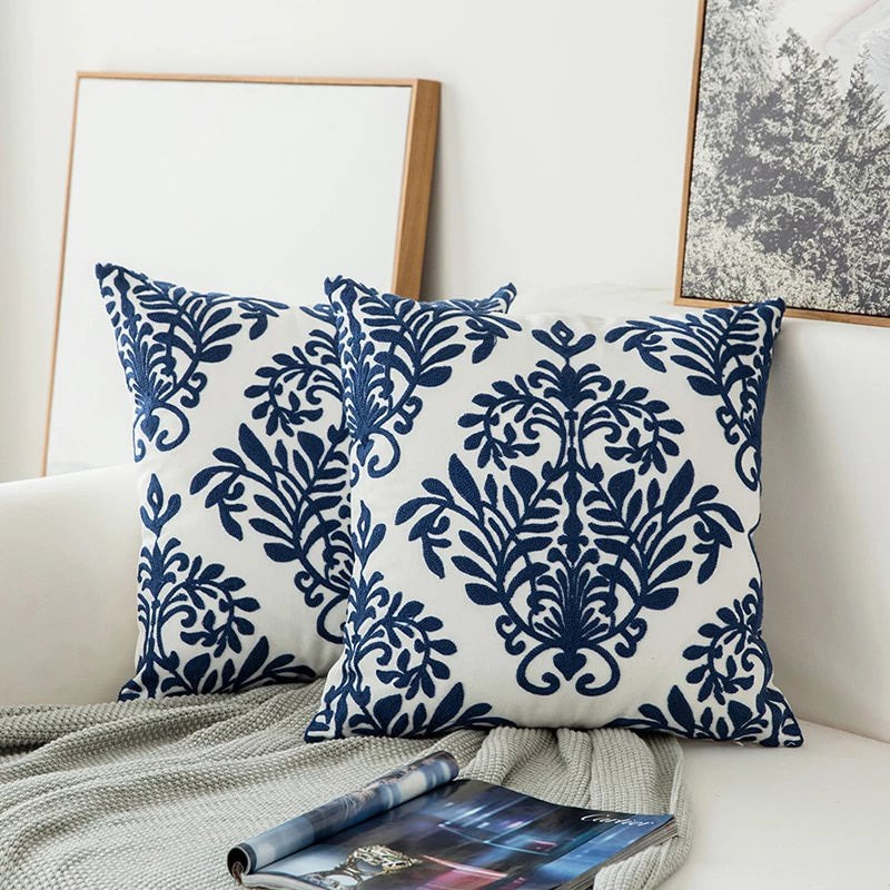 Blue Embroidered Decorative Pillow with Ornament Pattern