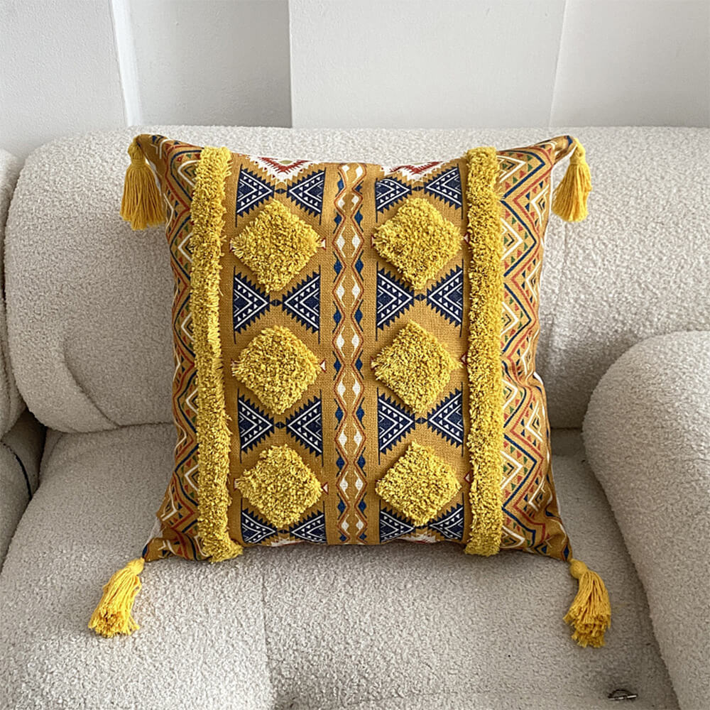 Moroccan inspired decorative throw pillow with tassel