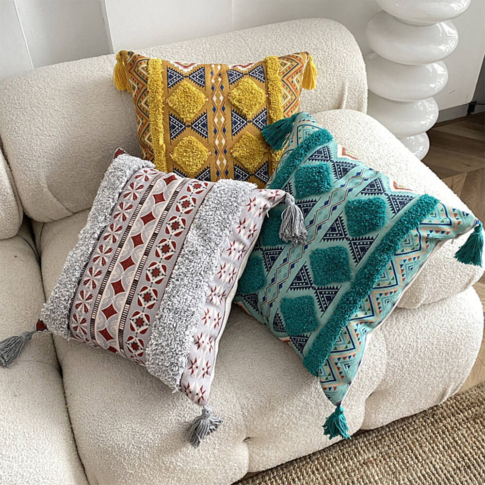 Moroccan inspired decorative throw pillow with tassel