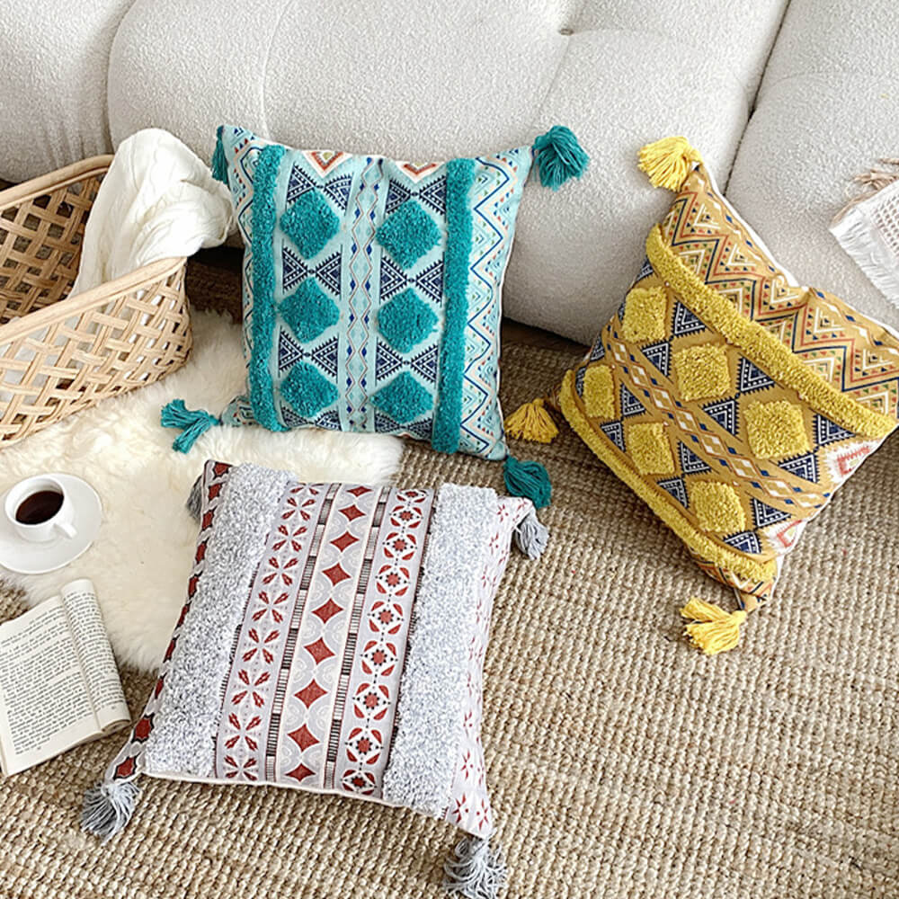Moroccan inspired decorative throw pillow with tassel
