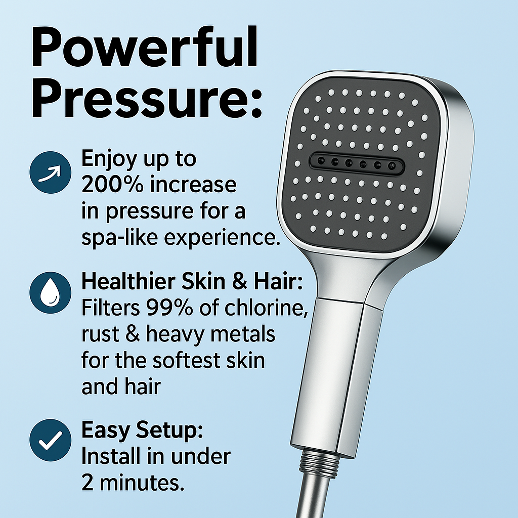 High-pressure filtered showerhead with turbo boost and 3 spray modes