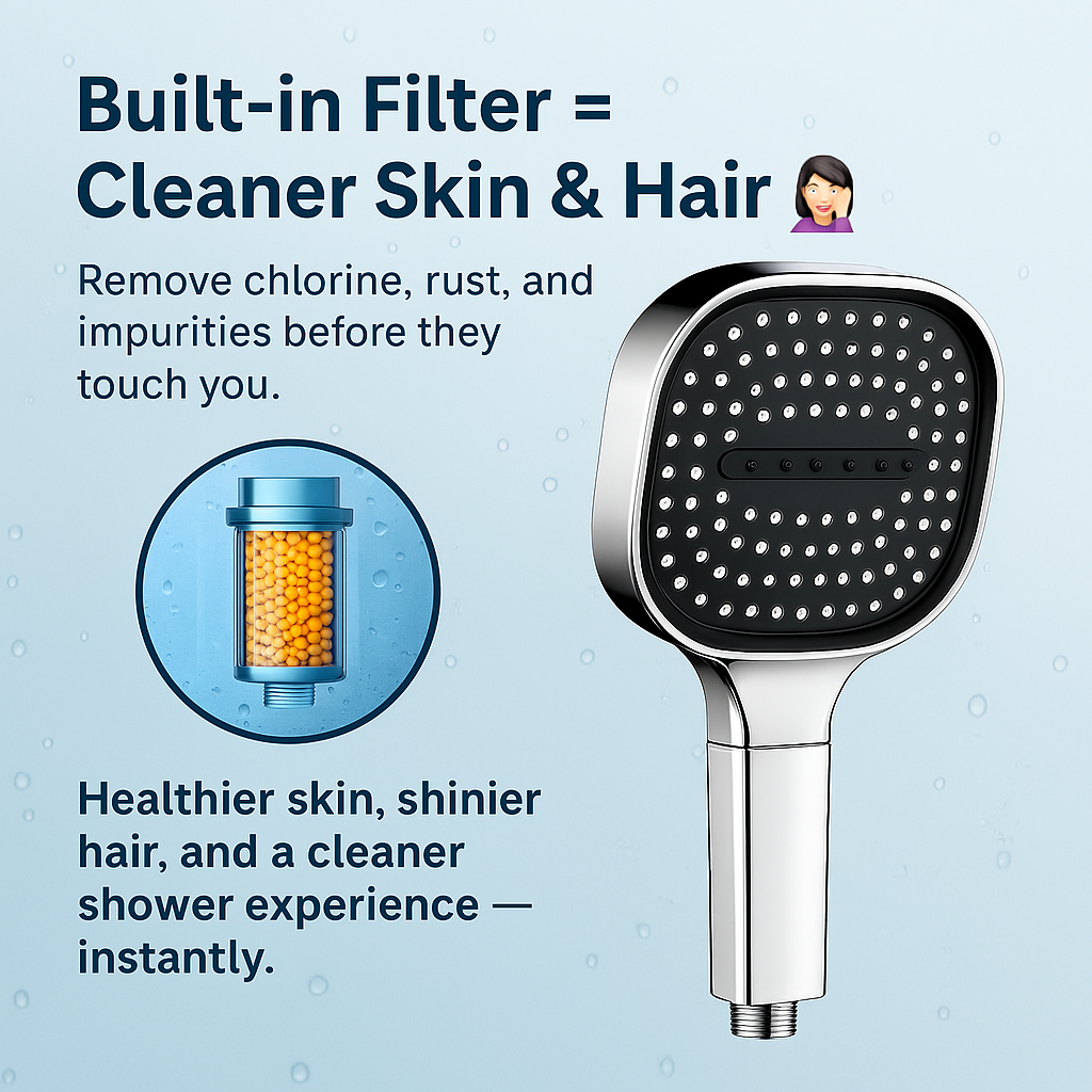 High-pressure filtered showerhead with turbo boost and 3 spray modes
